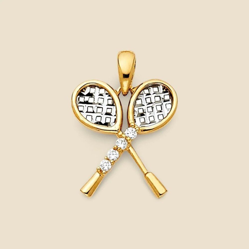 14K Solid Gold Tennis Racquet Pendant 1.4g Two-Tone